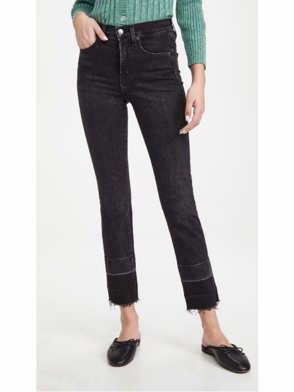 Veronica Beard Ryleigh Slim Straight High Rise Cropped Jeans Washed Onyx Raw Hem